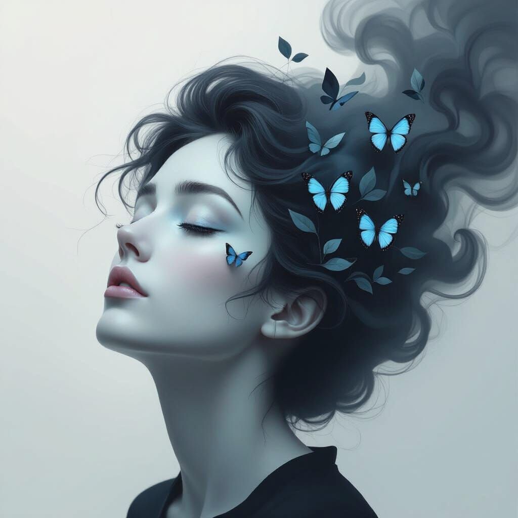 Surreal Portrait with Ethereal Smoke and Butterflies