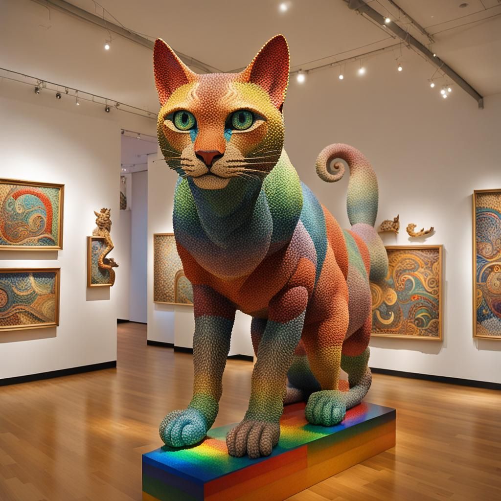 Rainbow Tribal Cats Sculpture in Pointillism Baroque Style