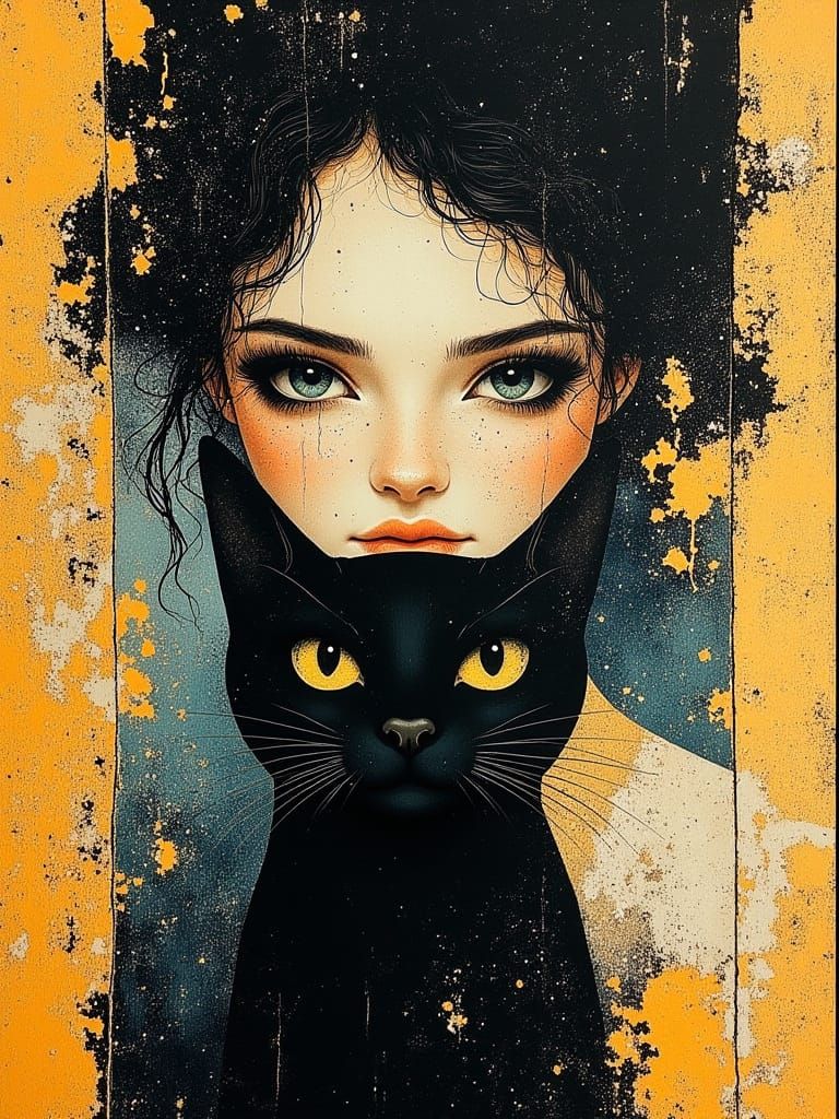 Woman with intense, soulful eyes and wild, curly hair, surrounded by a sleek, mysterious black cat with piercing green e...