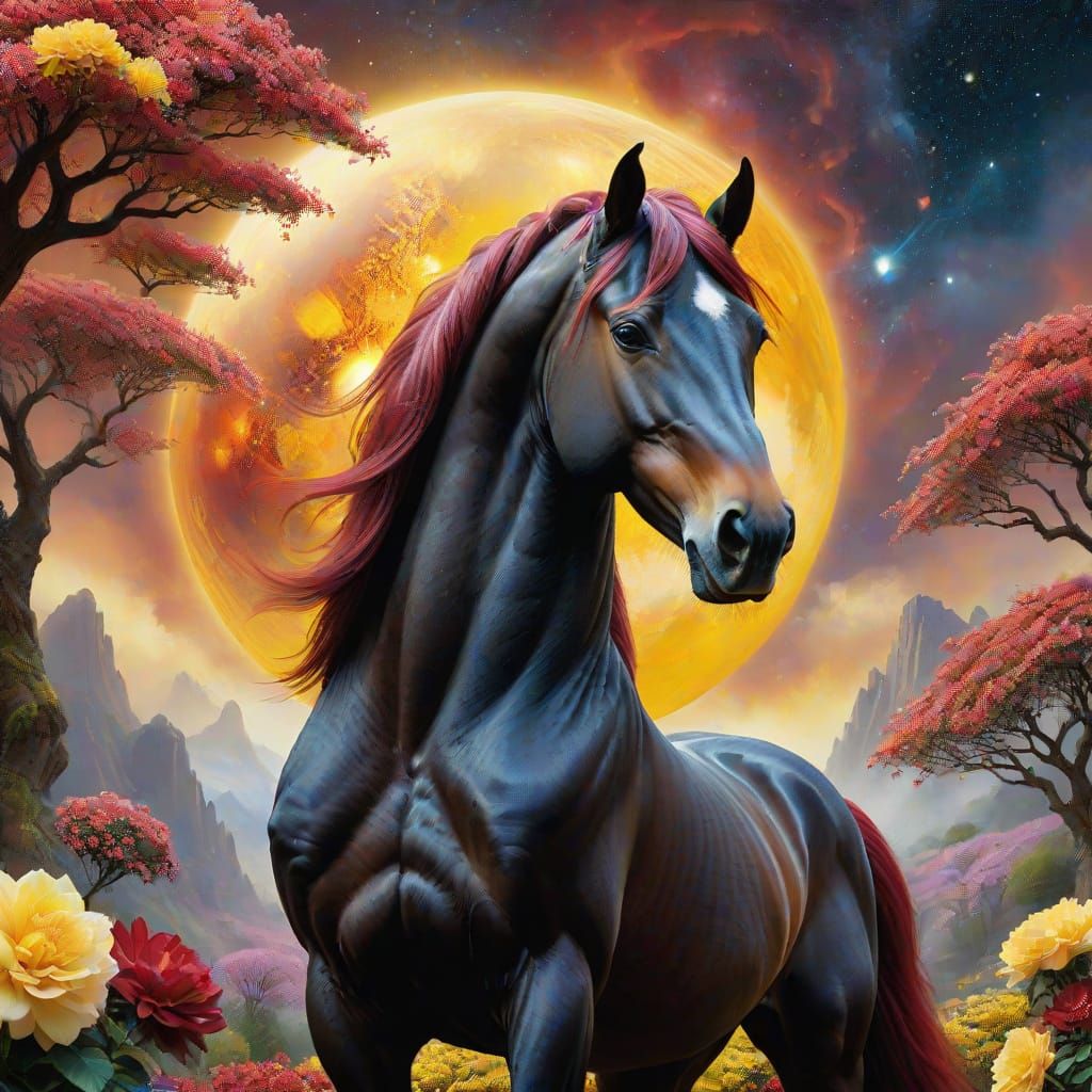 Ethereal Arabian Stallion in Fantasy Landscape