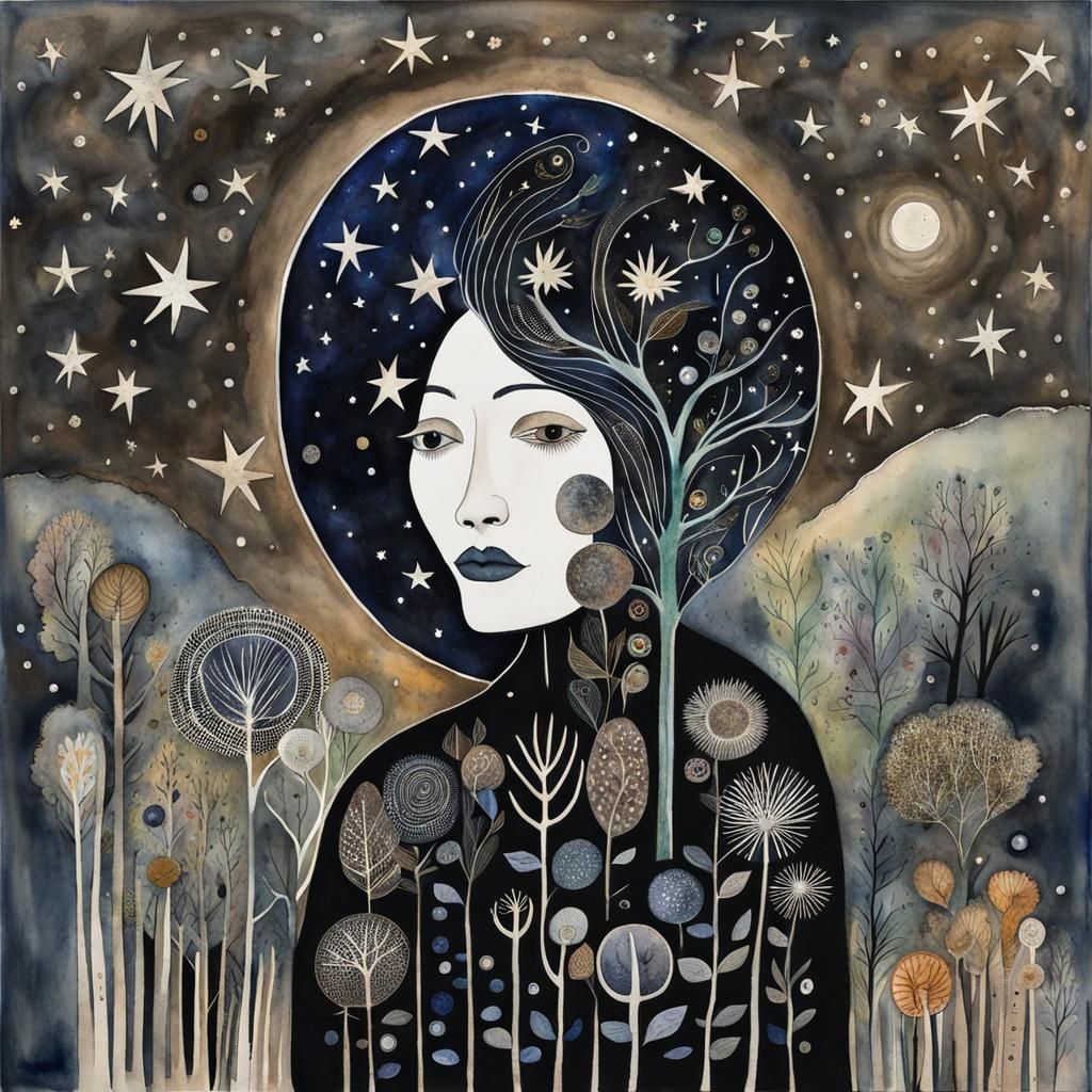Mysterious Forest Under Starry Cosmos in Watercolor Art Brut