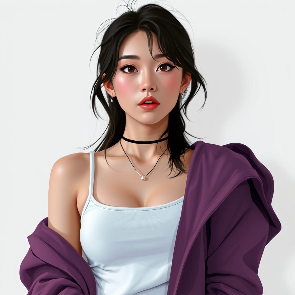 Korean Woman in Casual Clothing, Vibrant Digital Art