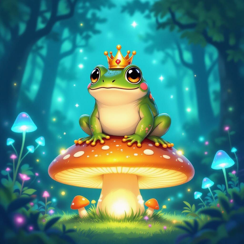 Anthropomorphic Frog King on Glowing Mushroom in Enchanted F...