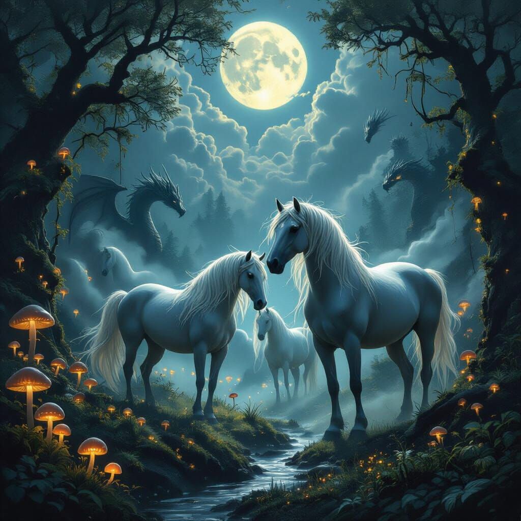 Ethereal Horses Roam Mystical Forest Landscape