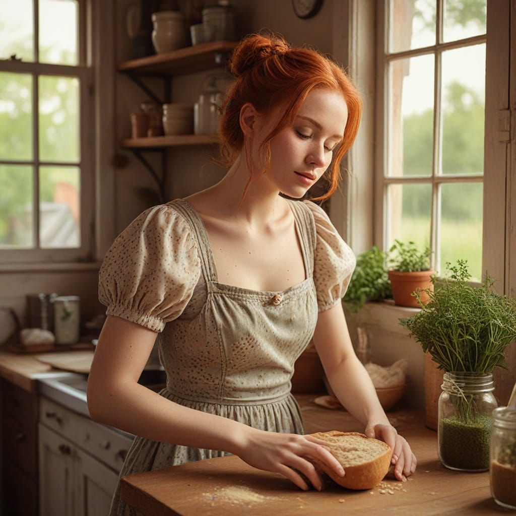 Redhead Tradwife Kneading Bread: Hyperrealistic Kitchen Scen...