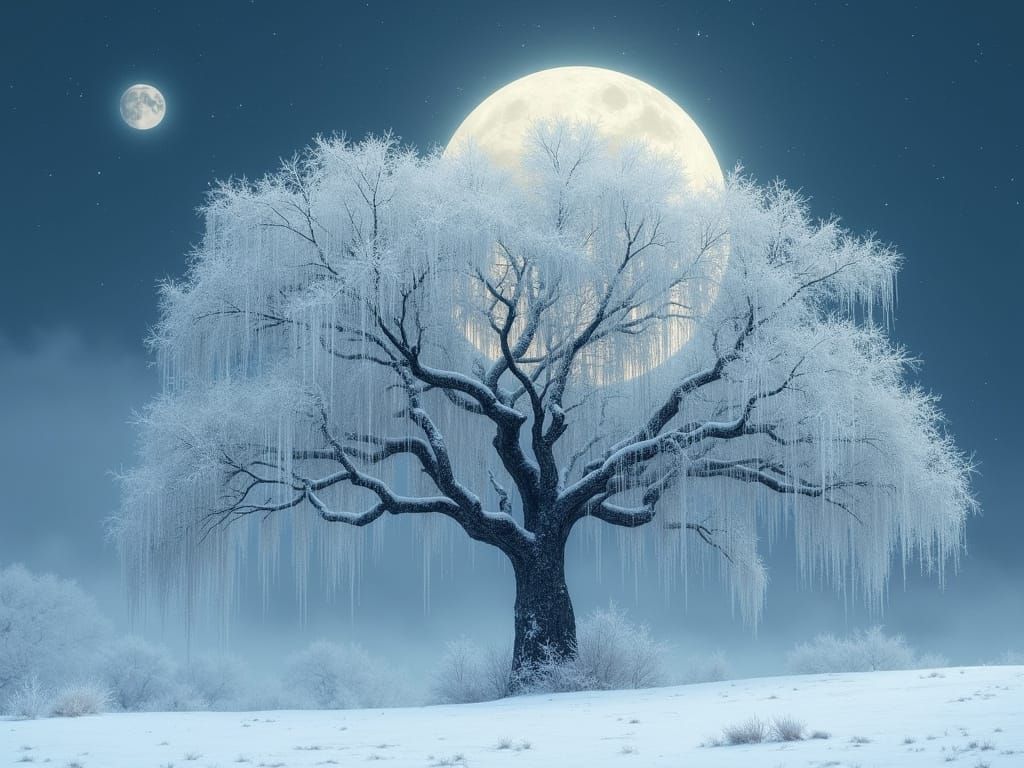 Hoarfrost Tree Under Moon, in Digital Art Style