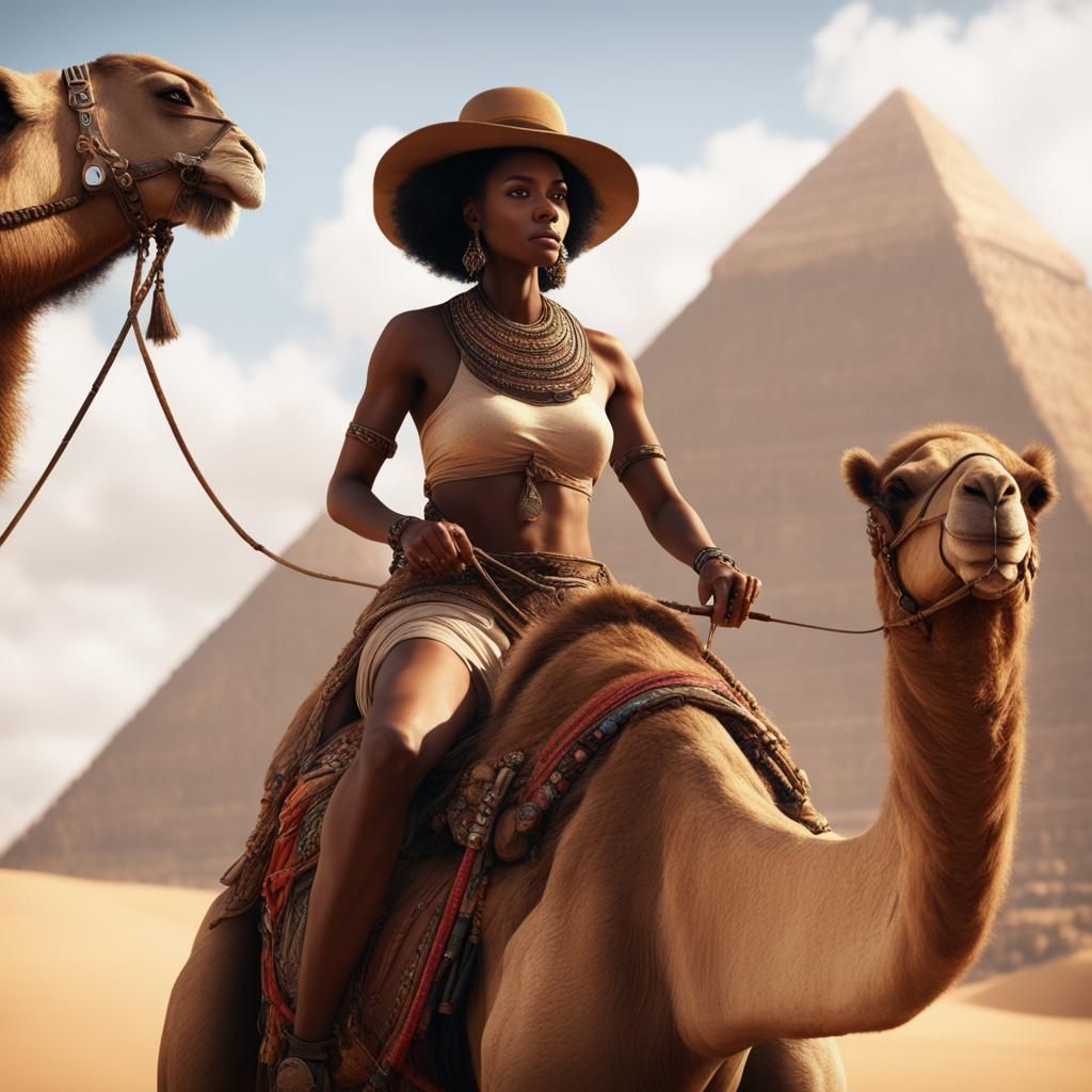 Black Women Ride Camel Before Pyramids: Fantasy Art