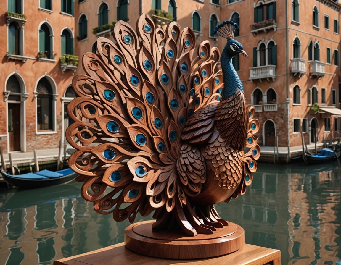Mahogany Peacock Sculpture in Venice, Hyperrealism