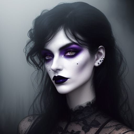 Surrealist Portrait of a Goth Fashion Model in a Moody Coffe...