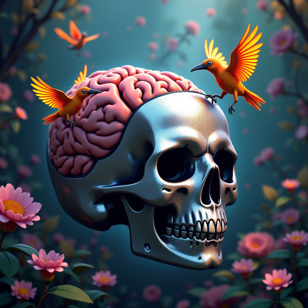 Brain in Silver Skull with Paradise Birds
