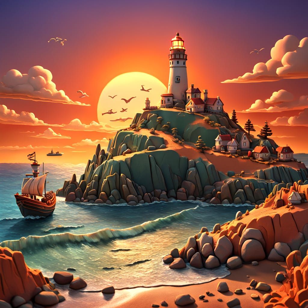 Claymation Sunset Over Ocean with Ships and Lighthouse