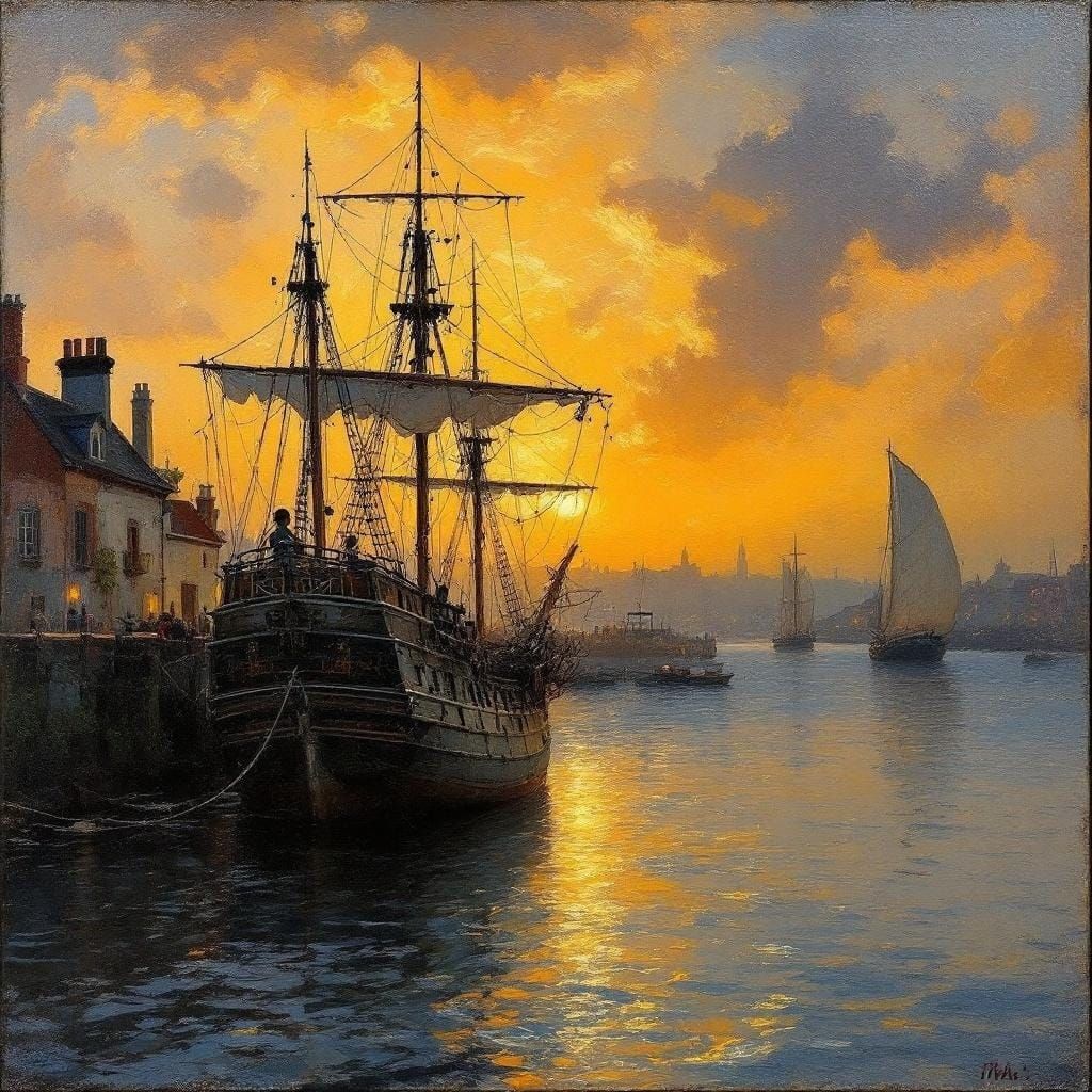 Twilight Harbor Sailing Ship, Impressionist Style
