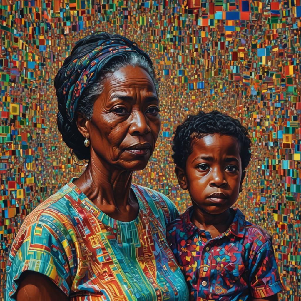 Hyperrealistic Glitch Art of Mother and Son