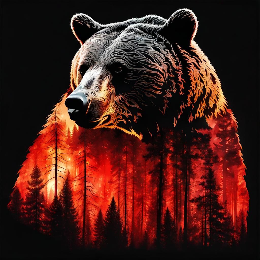 Double Exposure Bear Portrait with Forest Fire