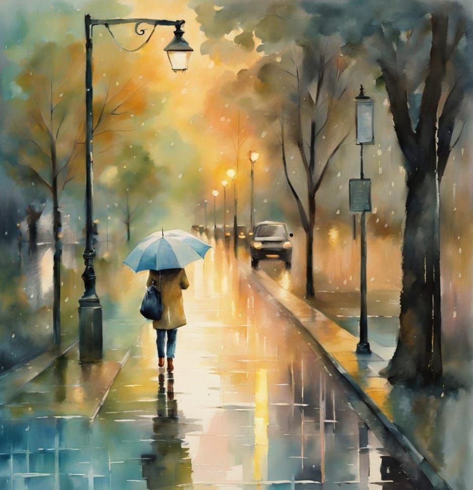 Dreamy Rainy Day: Chalk Pastel Watercolor Painting