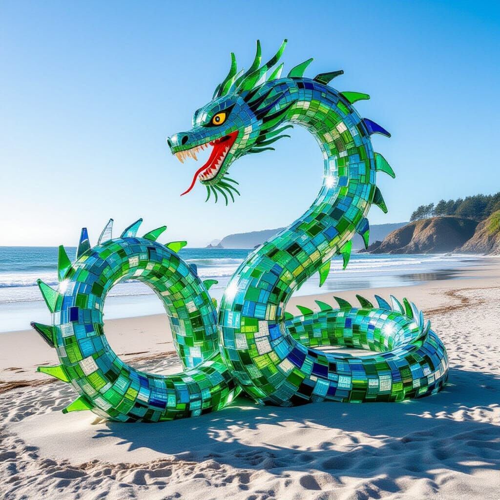 Giant Sea Serpent Sculpture Made From Beach Glass