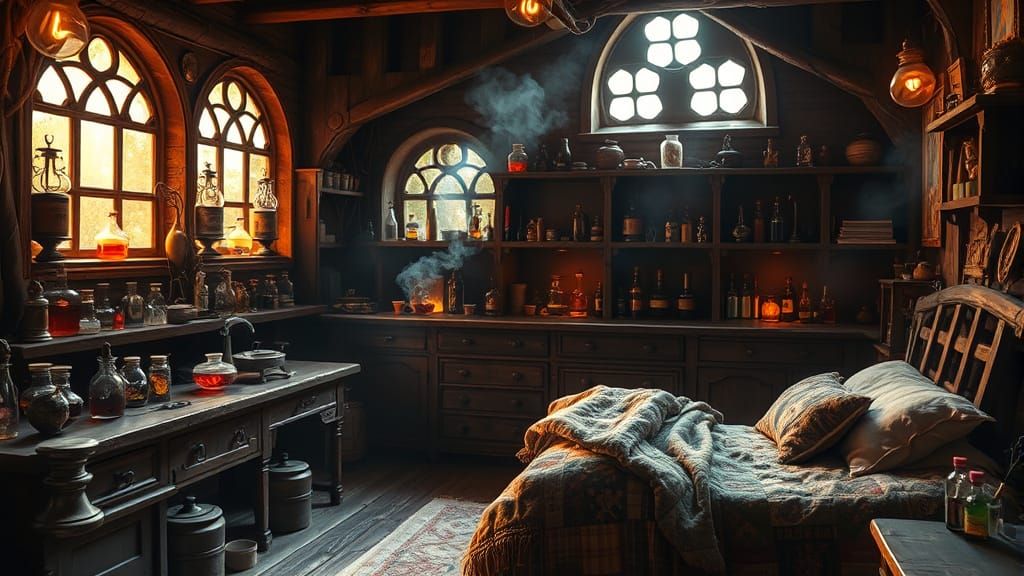 A wooden alchemist's lab, full of sunlight, elaborate potion...