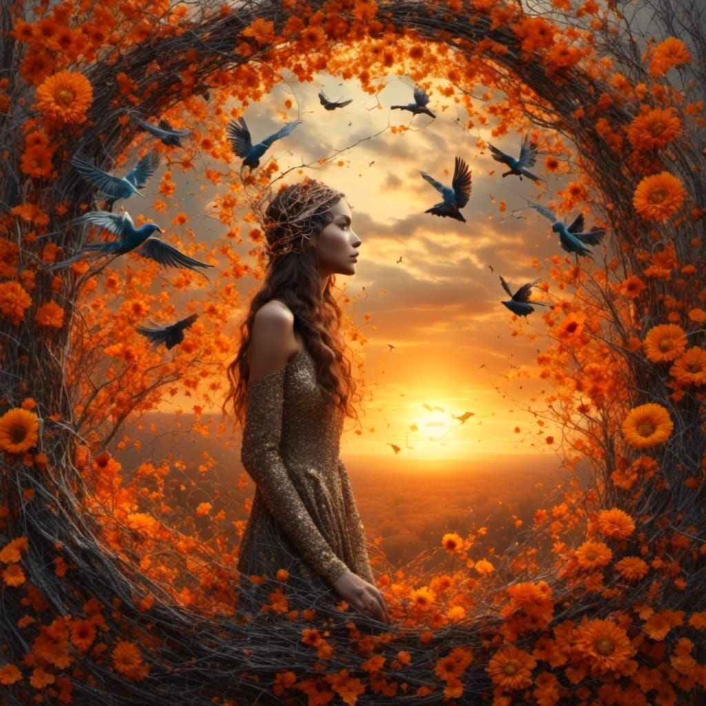 Surreal Sunset Landscape with Winged Creatures