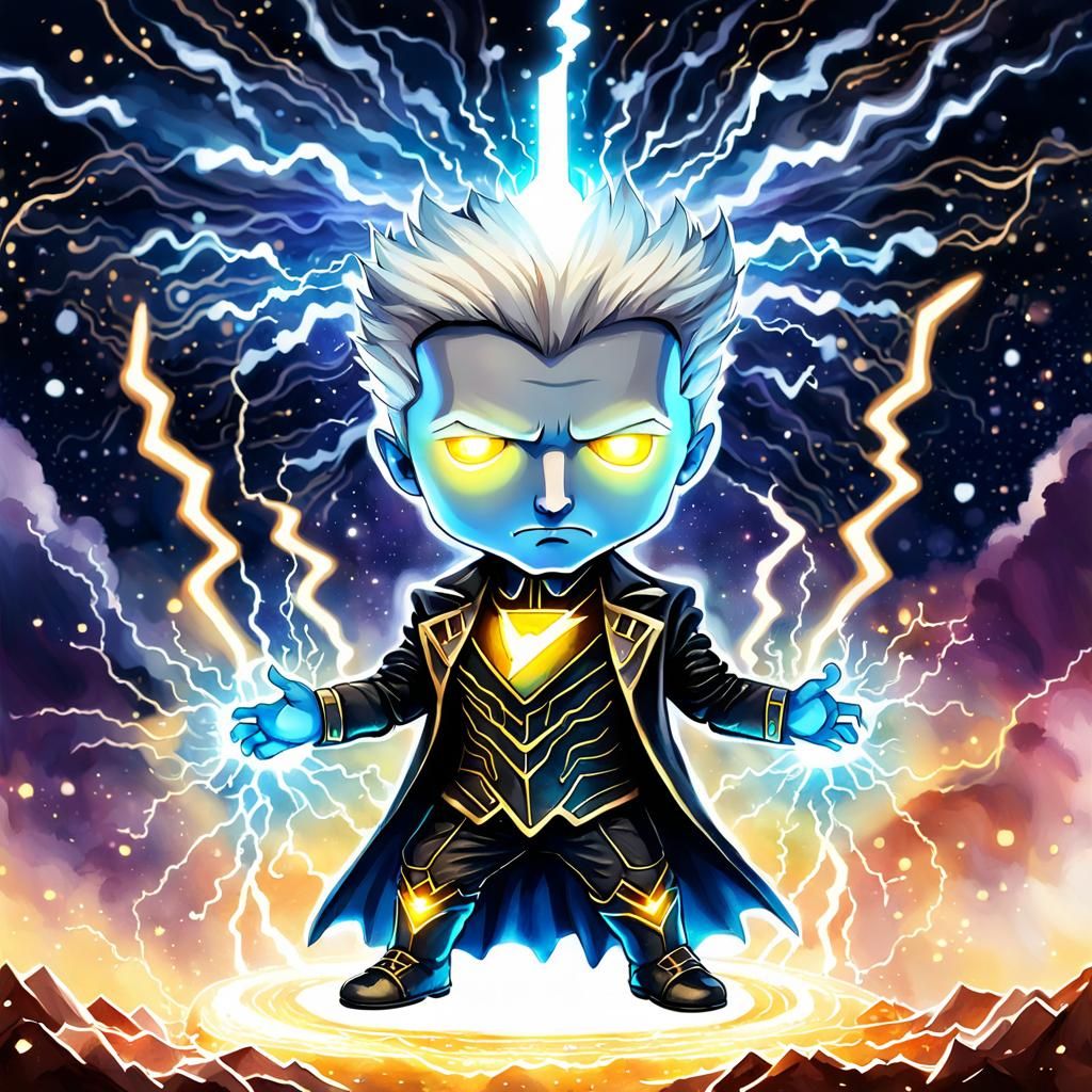 Chibi Nikola Tesla as Thunder God Watercolor