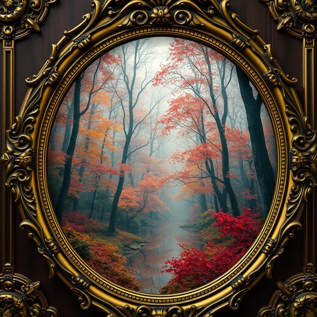 Mystical Autumn Forest Reflected in Golden Mirror