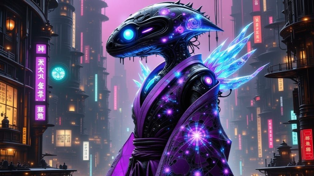 Cybernetic Reptilian Companion in Holographic Neo-Kimono