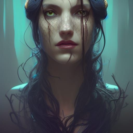 Detailed Snake Witch Portrait in Art Nouveau Style