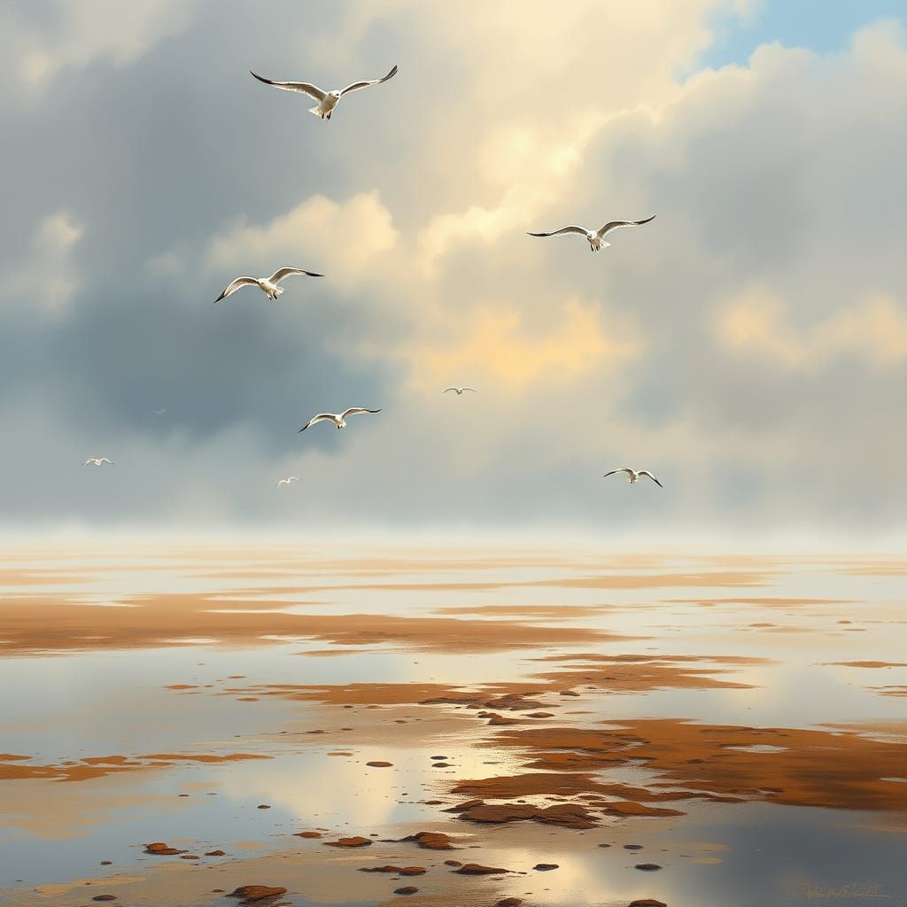 Misty Dawn Over Solway Firth Mudflats as Impasto Painting