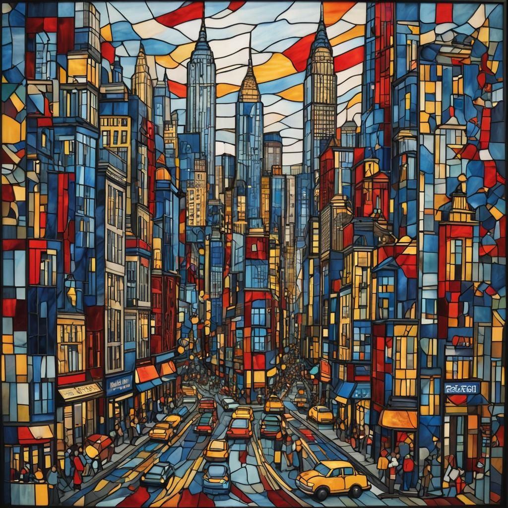 NYC Street Scene in Stained Glass Style