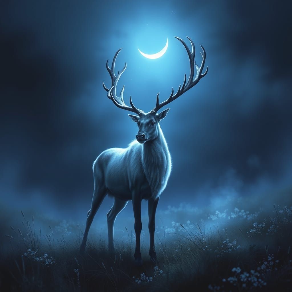 Ethereal Reindeer in Moonlit Field