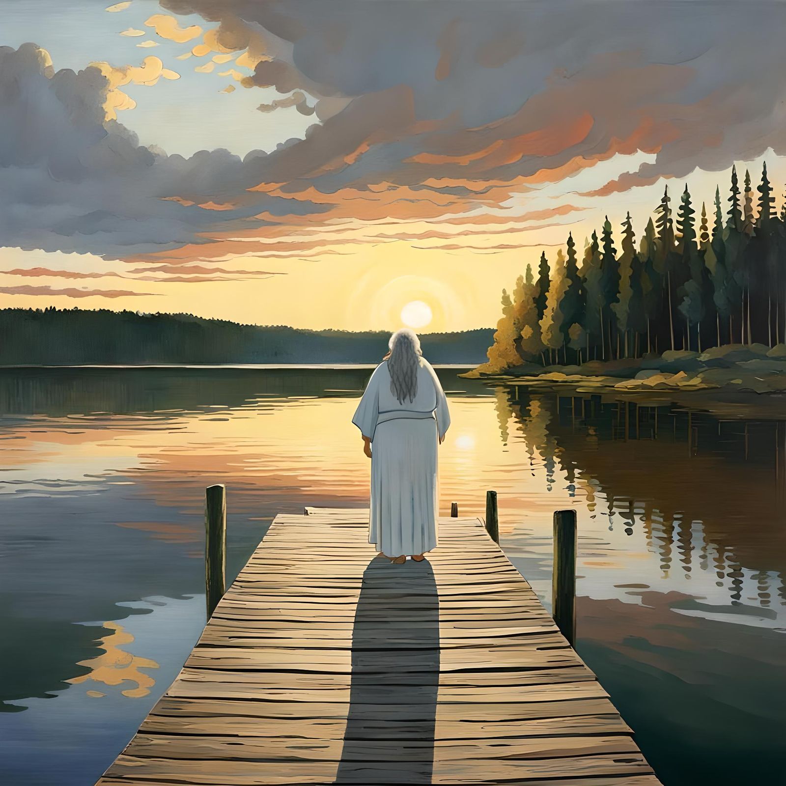 Sunset Serenity: Elderly Woman on Dock, Post-Impressionism