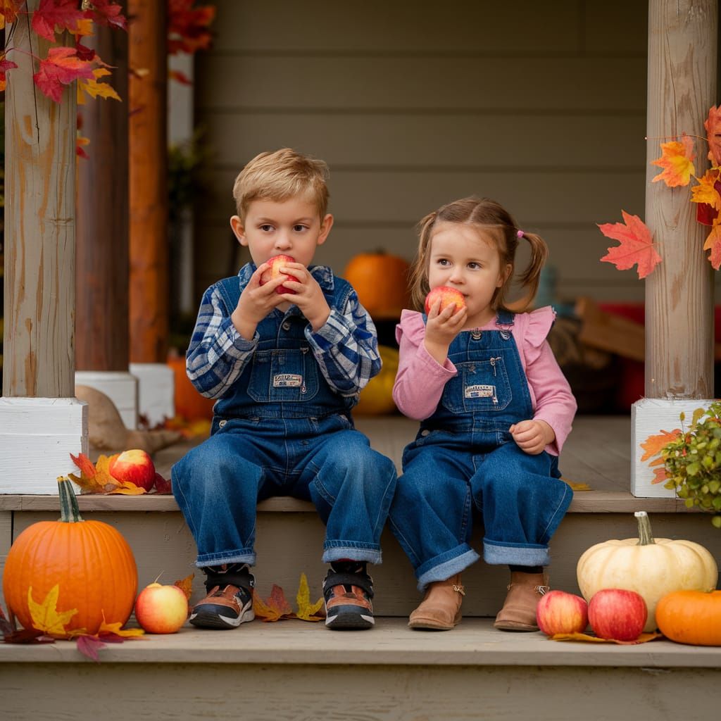 Children Enjoying Autumn on a Porch