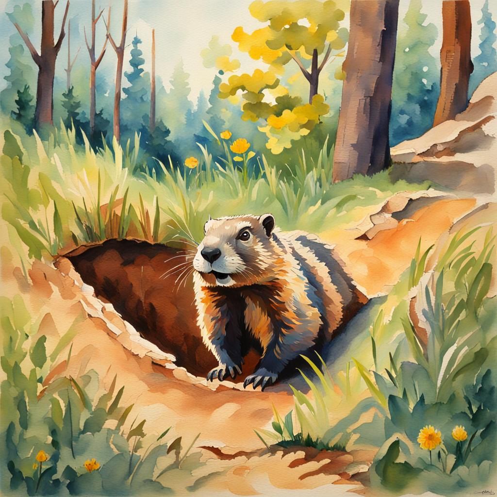 Groundhog Sees Shadow in Gouache Watercolor Style