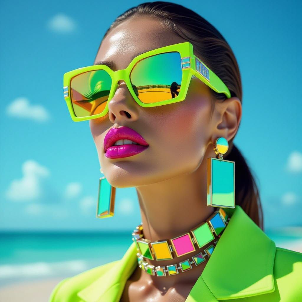Futuristic Fashion Model on Beach in Neon Green Outfit