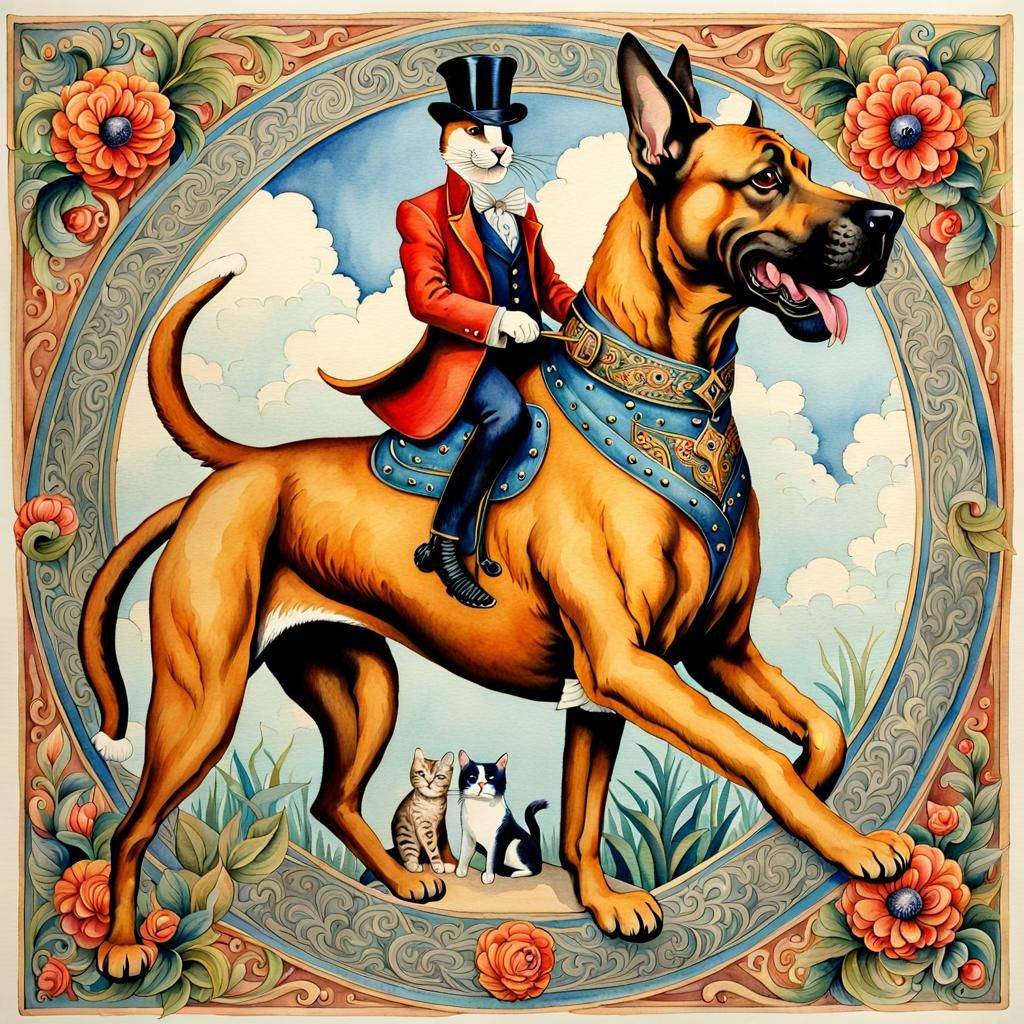 Anthropomorphic Cat Rides Great Dane in Watercolor