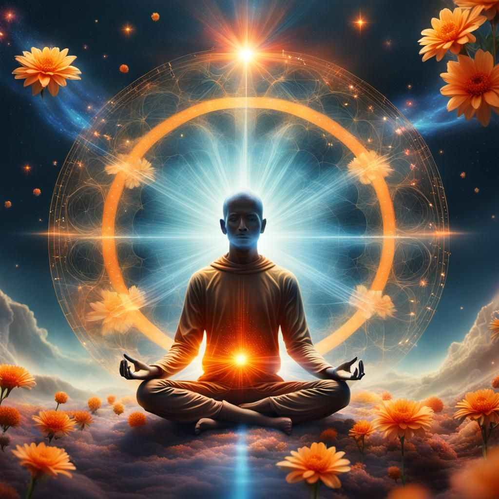 Meditating Figure Surrounded by Galactic Light Rays