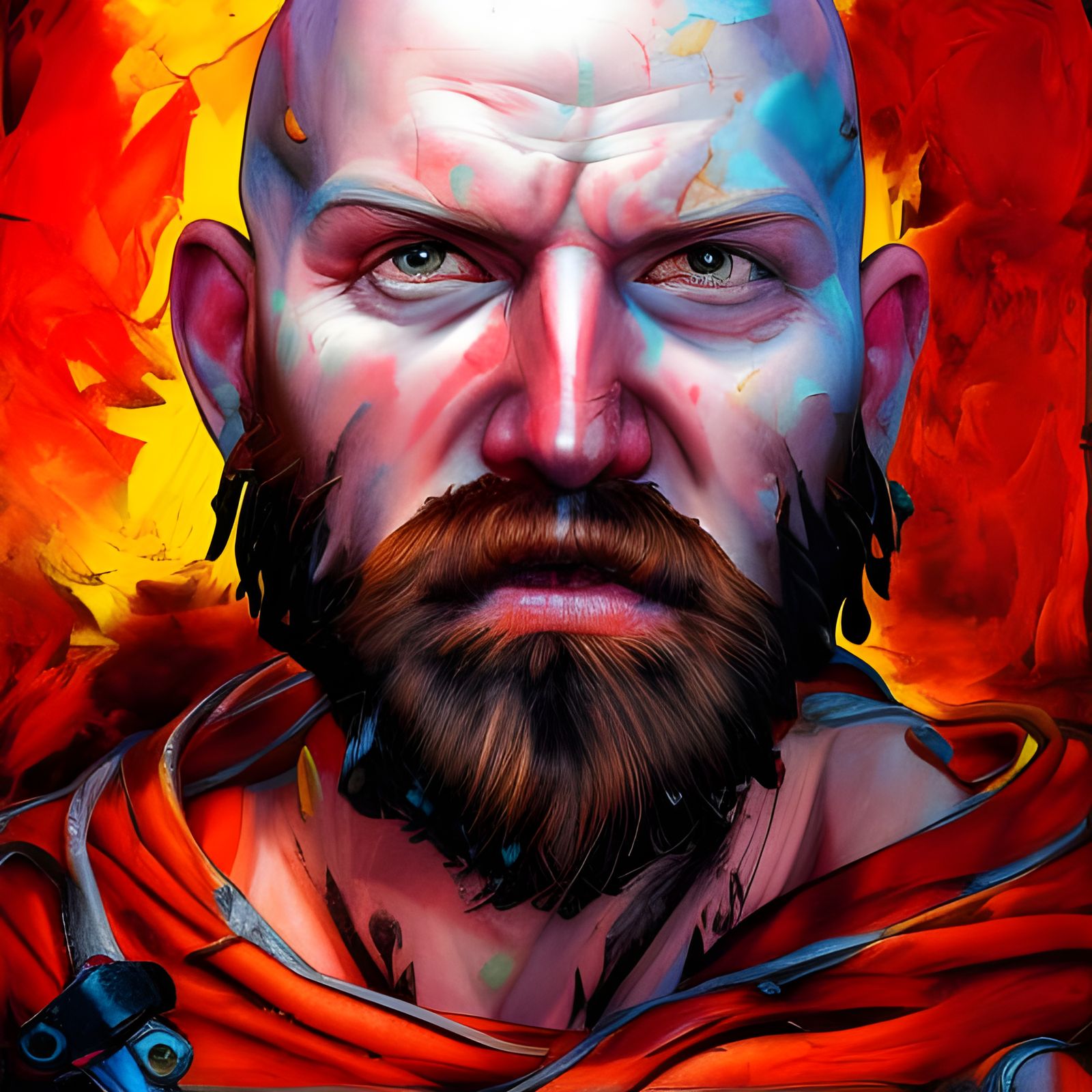 Badass Bald Man with Red Beard in Oil Splash Style