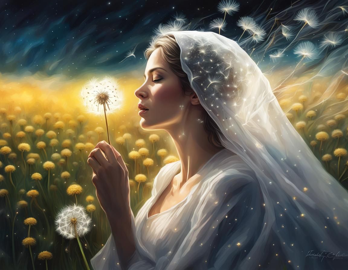 Woman Blowing Dandelion Seeds Under Jeweled Stars
