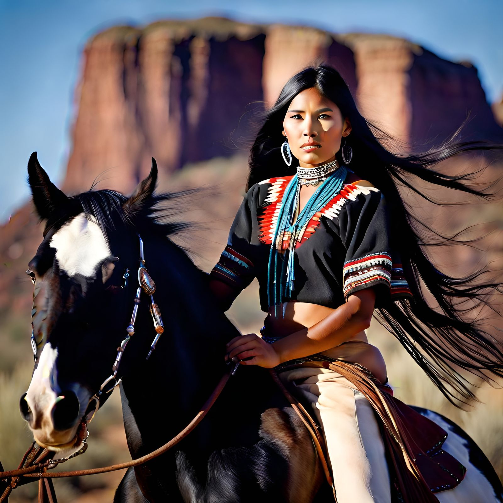 Navajo Girl and Mustang with Ship Rock