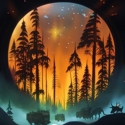 Enchanted Forest Steam Train in Pointillist Style