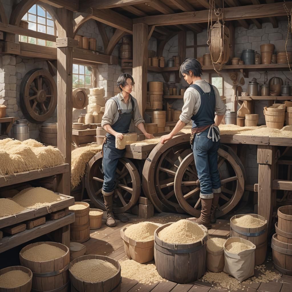 Flour Mill Interior with Man: 3D Anime Art