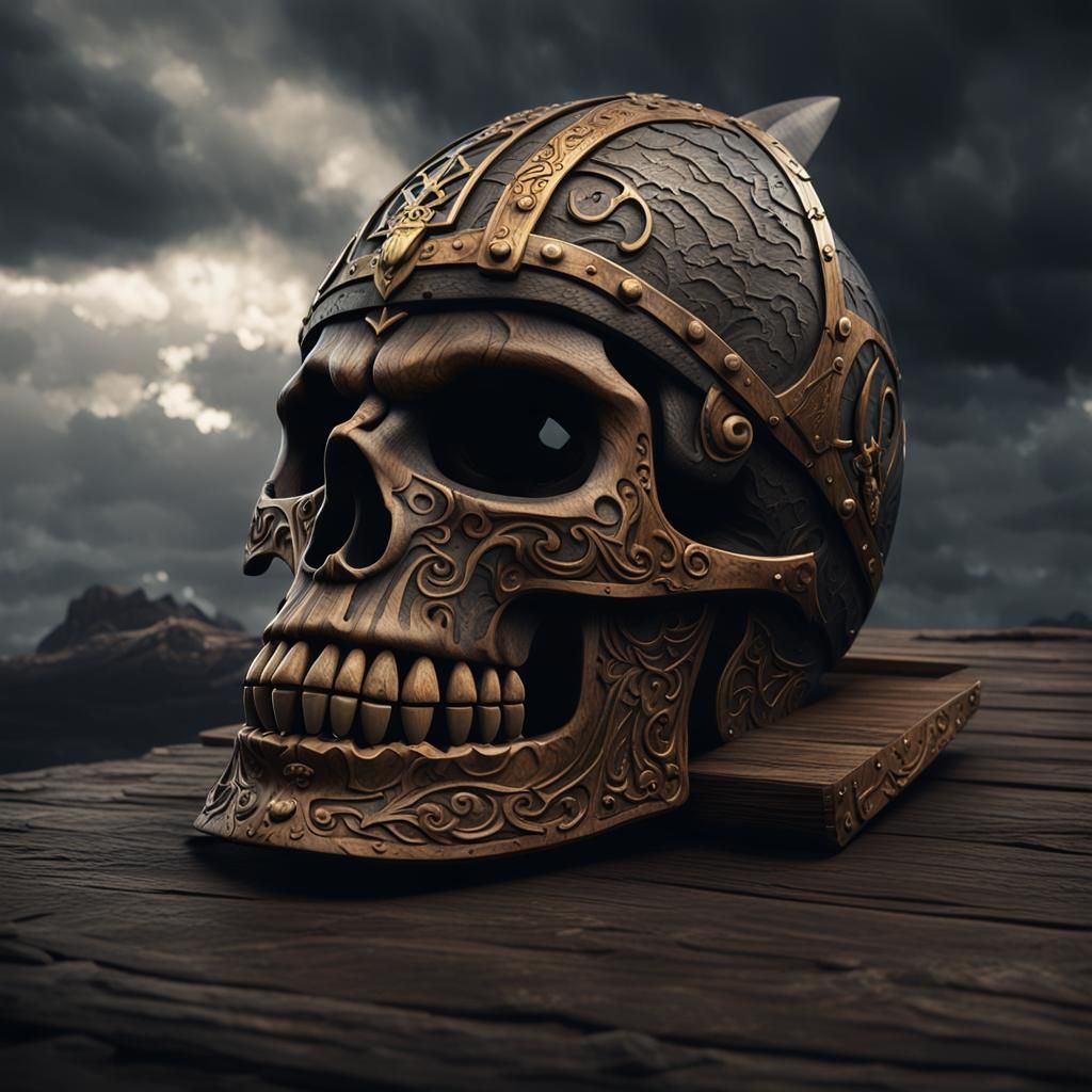 Wooden and Steel Skull with Viking Inscription