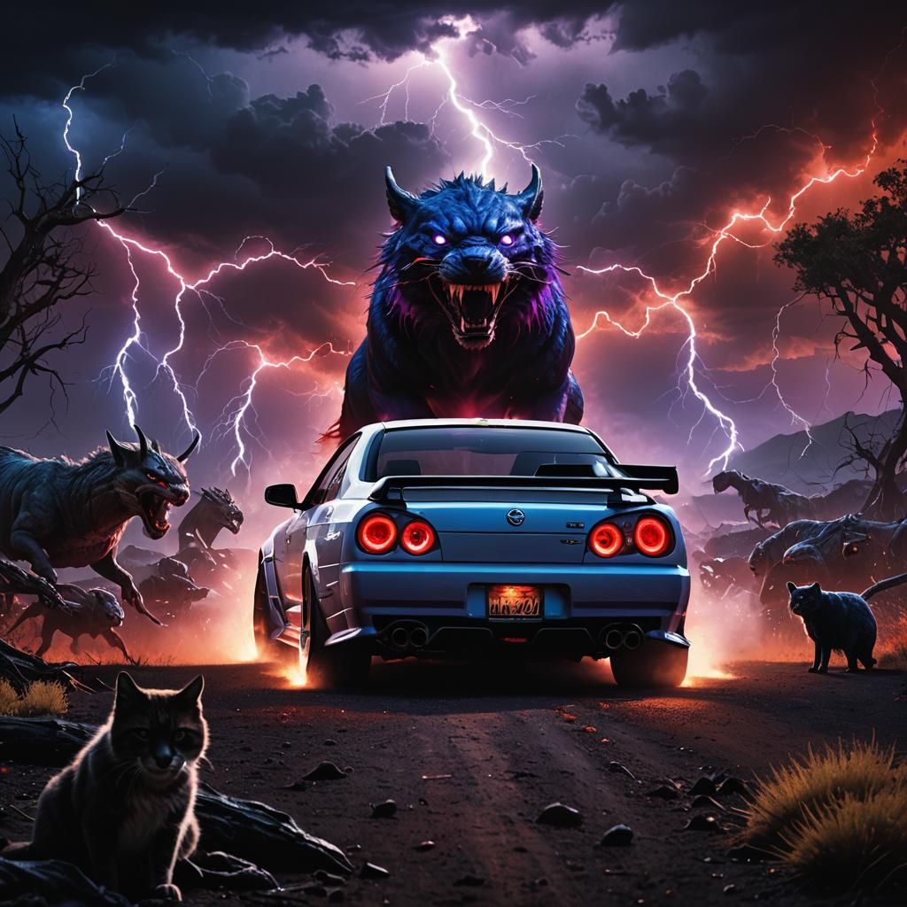 Nissan Skyline in Ominous Landscape with Red Lightning