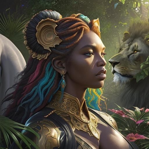 Celestial Garden: Black Woman with Lions, Hyperrealistic Art