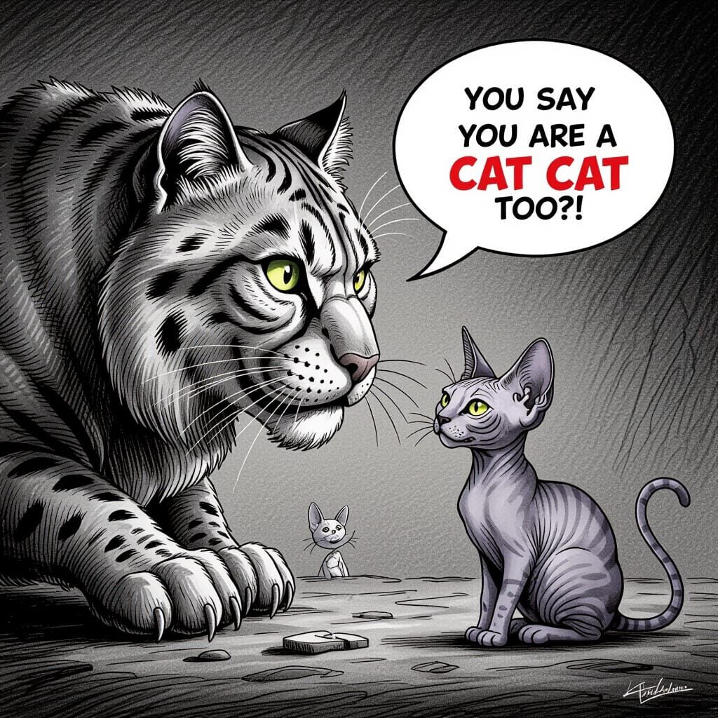 Sabretooth Cat Meets Tiny Sphynx in Charcoal Drawing