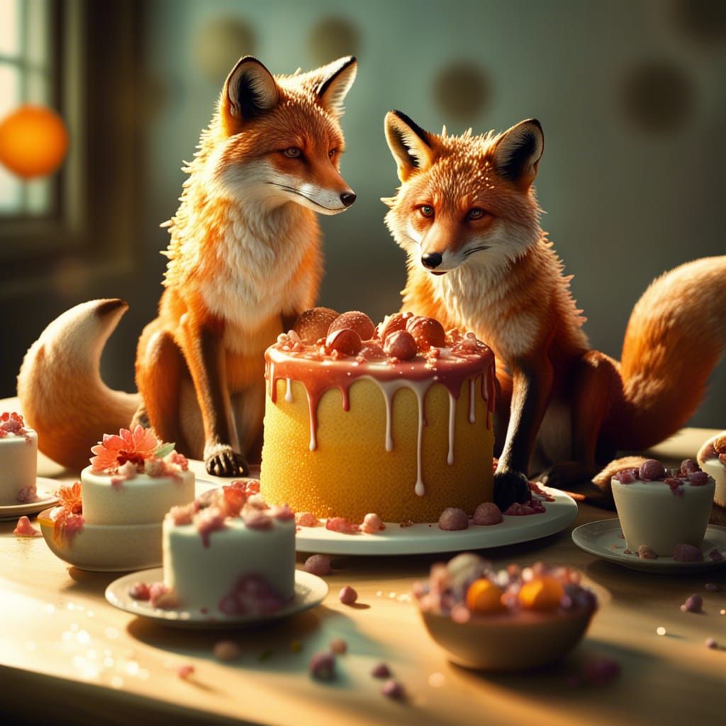 Foxes Baking Cake: Hyperrealistic CGI Diorama