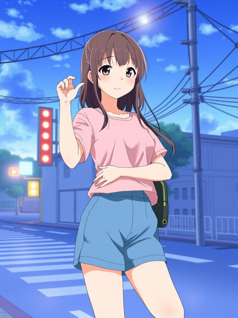 Cute Anime Girl in Pink Shirt and Blue Shorts