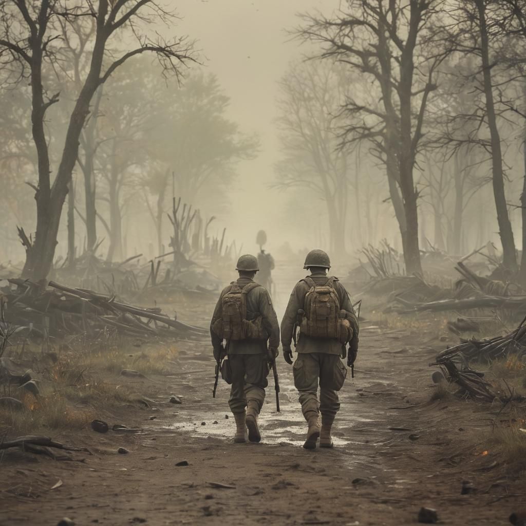 Melancholic American Soldier in Foggy Battlefield