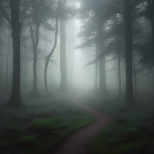 Ethereal Ancient Forest Shrouded in Mystical Fog