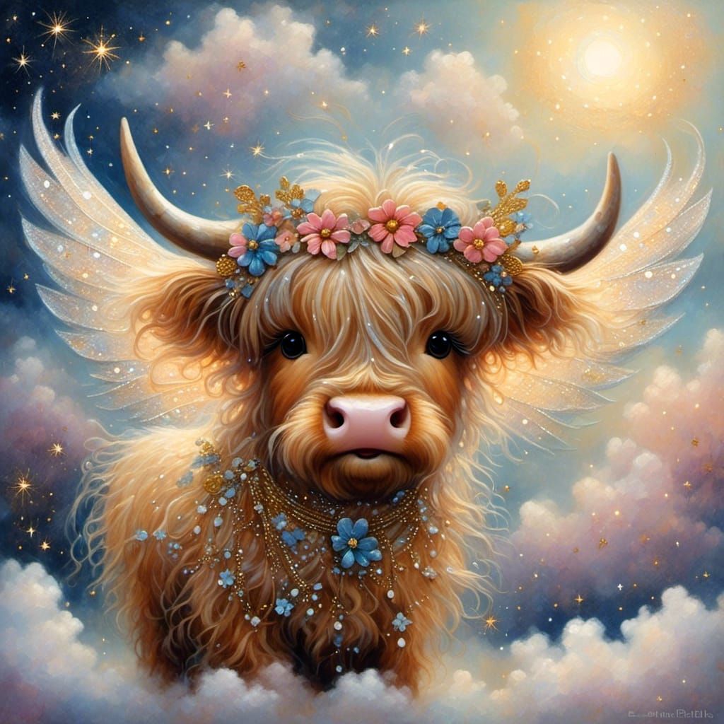 Highland Cow Fairy in Flight with Pixie Dust