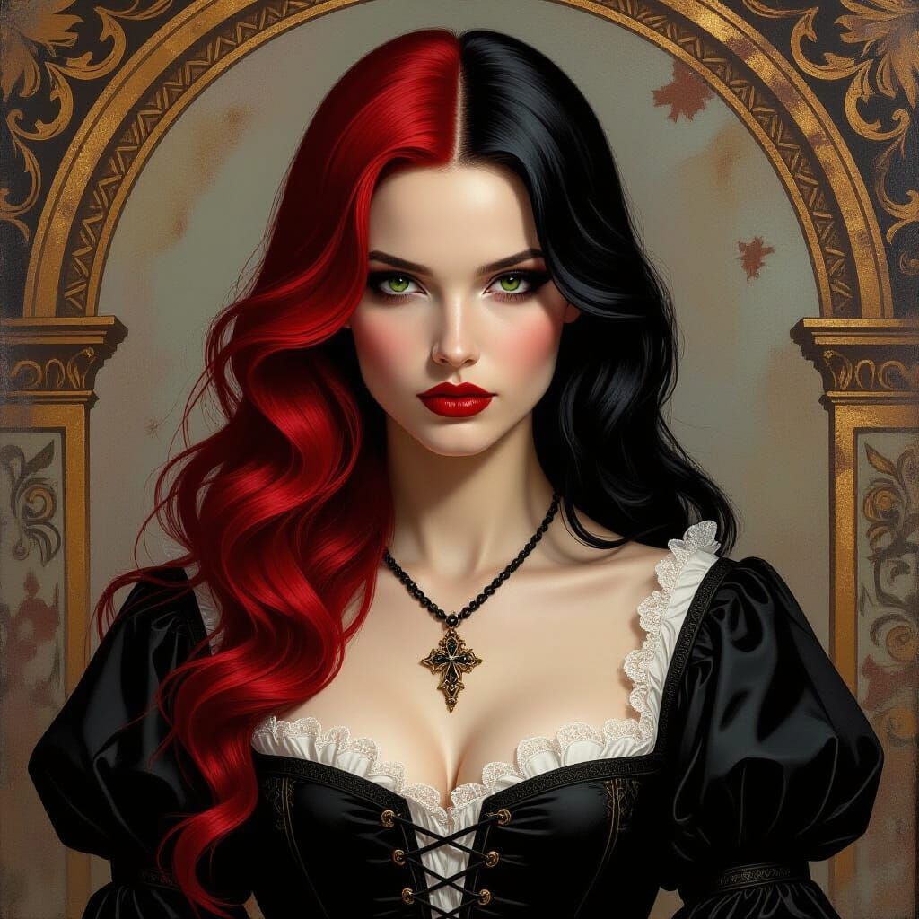 Goth Woman With Red And Black Hair In Renaissance Style